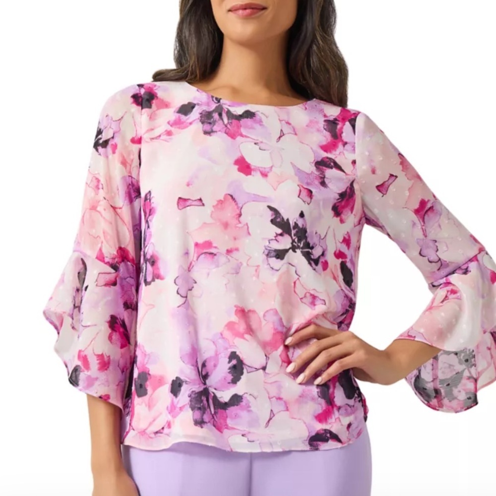 Evan Picone Black Label Woman’s Floral Pink Bell-Sleeve Blouse Sz XL NWT
